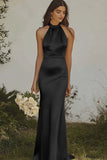 Elegant Light Yellow Sheath Halter Maxi Satin Bridesmaid Dress