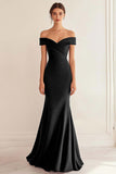 Simple Navy Off the Shoulder Satin Mermaid Long Formal Dress