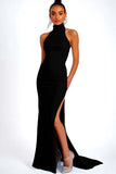 Sky Blue Satin High Neck Sheath Long Wedding Guest Dress with Slit