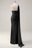 Sage One Shoulder Sheath Satin Watteau Train Bridesmaid Dress