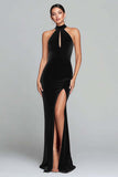 Burgundy Velvet Halter Keyhole Mermaid Maxi Holiday Party Dress with Slit