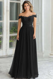 Navy Off the Shoulder Applique A-Line Chiffon Mother of the Bride Dress
