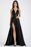 Sparkly Navy A Line Sequined V-Neck Maxi Prom Dress with Slit