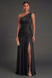 One Shoulder Gold Sheath Ruched Long Formal Dress with Slit