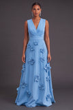 Fuchsia and Orange Floral A Line V-Neck Long Formal Dress