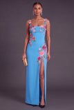 Black Floral Sheath Thick Straps Long Wedding Guest Dress with Slit