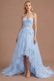 Yellow Floral Appliqued Corset A Line High Low Prom Dress
