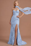 Yellow Floral Embroidered Mermaid Corset Long Prom Dress with Slit