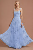 Sparkly Beaded Yellow A Line Square Neck Floral Appliqued Long Prom Dress
