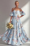 Pink Off the Shoulder Floral Backless Long Bridesmaid Dress