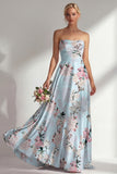 Satin Blue Floral Strapless Backless Long Bridesmaid Dress