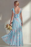 Ruffled Green Floral A Line Round Neck Long Bridesmaid Dress