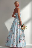 Satin Blue Floral Strapless Backless Long Bridesmaid Dress
