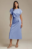 Maxi Pink Boat Neck Satin Ruched Work Dress with Sleeves
