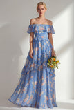 Yellow Pink Floral Hater Neck A Line Ruffled Long Bridesmaid Dress
