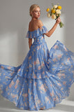 Yellow Pink Floral Hater Neck A Line Ruffled Long Bridesmaid Dress