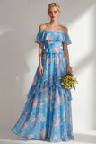 Tiered Blue Pink Floral Off the Shoulder Long Bridesmaid Dress