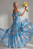 Yellow Pink Floral Hater Neck A Line Ruffled Long Bridesmaid Dress
