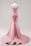 Fuchsia Mermaid Corset Sequin Sweep Train Prom Dress with Slit