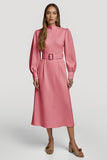 Midi Grey Pink High Neck Pencil Satin Work Dress with Belts