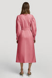 Midi Grey Pink High Neck Pencil Satin Work Dress with Belts