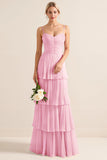 Blush Pink Chiffon Tiered Spaghetti Straps A Line Maxi Bridesmaid Dress