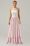 Eucalyptus A-Line Halter Pleated Keyhole Chiffon Bridesmaid Dress With Lace