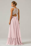 Eucalyptus A-Line Halter Pleated Keyhole Chiffon Bridesmaid Dress With Lace
