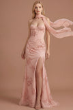 Yellow Floral Embroidered Mermaid Corset Long Prom Dress with Slit