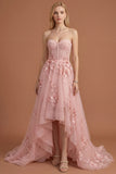 Yellow Floral Appliqued Corset A Line High Low Prom Dress