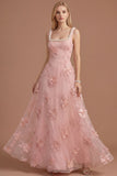 Sparkly Beaded Yellow A Line Square Neck Floral Appliqued Long Prom Dress