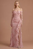 Yellow Floral Appliqued Off the Shoulder Ruffled Long Prom Dress with Slit