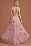 Sparkly Beaded Yellow A Line Square Neck Floral Appliqued Long Prom Dress