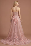 Yellow Floral Appliqued Corset A Line High Low Prom Dress