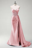 Royal Blue Spaghetti Straps Corset Mermaid Satin Prom Dress with Side Cape