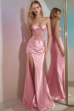 Sparkly Corset Golden Mermaid Long Prom Dress with Slit