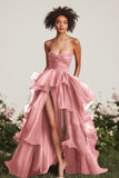 A Line Navy Sweetheart Flowy Maxi Formal Dress with Ruffles