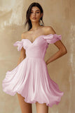 Chiffon Pleated A Line Off the Shoulder Mini Little White Dress with Ruffles