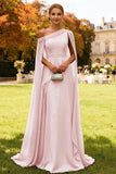 Dark Green Long One Shoulder Chiffon Wedding Guest Dress with Cape