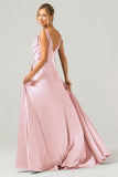 Dark Green A-Line Spaghetti Straps Satin Long Bridesmaid Dress With Slit