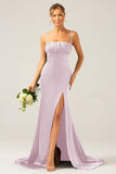 Dark Green Long Sheath Spaghetti Straps Bridesmaid Dress With Slit