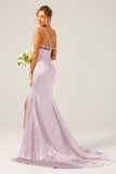 Dark Green Long Sheath Spaghetti Straps Bridesmaid Dress With Slit