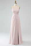 A-Line Pleated Spaghetti Straps Chiffon Bridesmaid Dress With Slit
