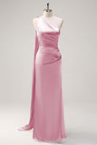 Sage One Shoulder Sheath Satin Watteau Train Bridesmaid Dress