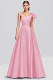 Fuchsia Ball Gown One shoulder Satin Formal Dress with Bow