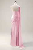 Sage One Shoulder Sheath Satin Watteau Train Bridesmaid Dress