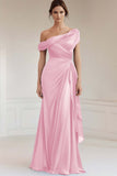 Dusty Rose Satin One Shoulder Sheath Mother of the Bride Dress with Ruffles