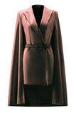 White Satin Peak Lapel Short Work Blazer Dress with Cape