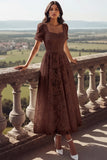 White Lace Square Neck Long Wedding Reception Dress with Sleeves