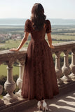 White Lace Square Neck Long Wedding Reception Dress with Sleeves